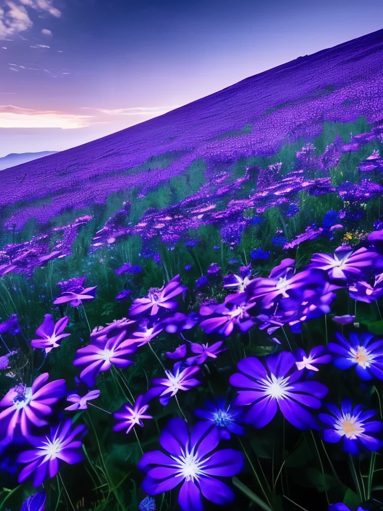 purple flowers in the dark, dark purple blue tones, blue and purple, vibrant but dreary blue, purple and blue, dark flowers, blue and violet, night sky full of flowers, blue flowers, moody beautiful colors, blue flowers bloomed all over, blue and purple plants, blue and purple tones, magical flowers, dark blue tones, some purple and blue