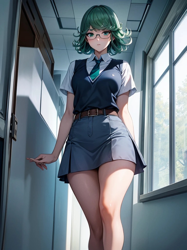 (high res, 8K, masterpiece, looking at viewer, best quality, very aesthetic, ultra detailed, ultra background, ultra Eyes) intricate details, 1girl, Tatsumaki, short sleeved white shirt, Light Blue Gray short skirt, Pockets on the left chest, Blue Gray tie, Wearing a belt, green short hair, green eyes, Normal Face, Background School Hallway, Cinematic Angle
