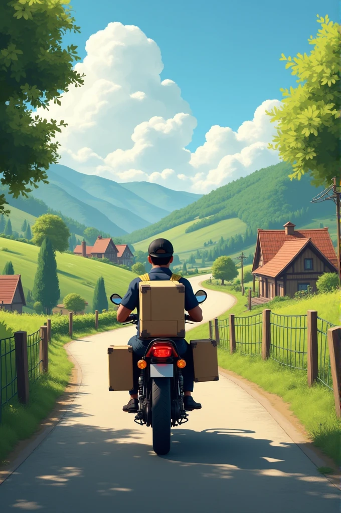 Delivery man with backpack on motorcycle in rural area