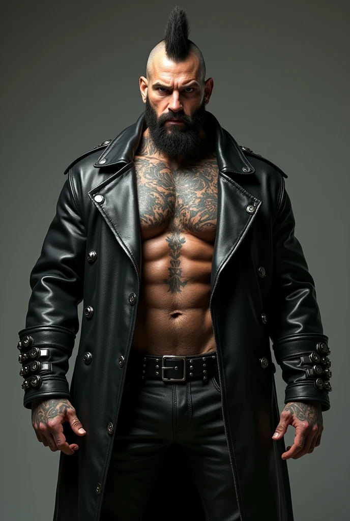 a aide view of a muscular man in a long black leather coat full of metal studs and the collar turned up covering the sides of his face, detailed facial features, extremely detailed muscular physique, chest hair, hairy chest, masculine tattoos, large penis, big cock, masive outline of bulging dong, fierce and intimidating expression, commanding pose, black mohawk, bearded face, clear and sharp lighting, photorealistic, cinematic, hyper-realistic, high quality, 8k, ultra-detailed, physically-based rendering, studio lighting