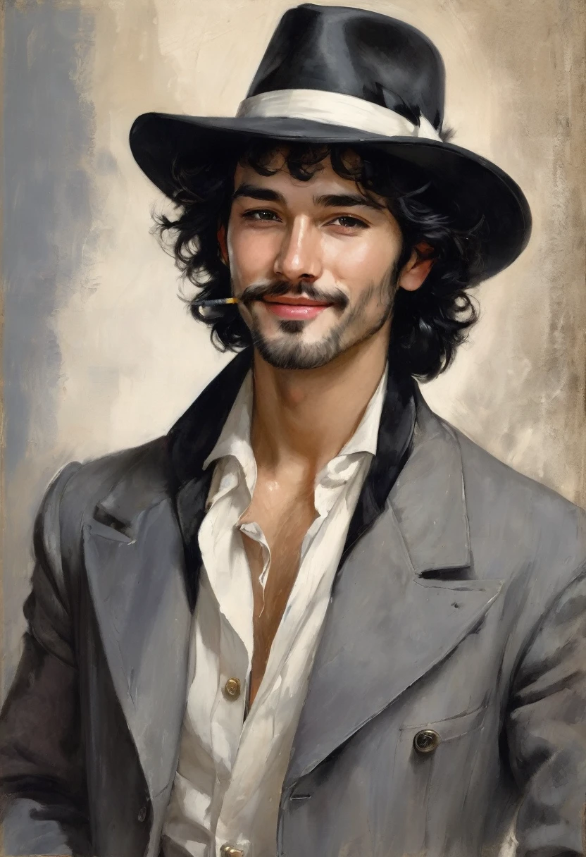 (good quality), (many details), (masterpiece), A man with hat and cigarette (20 years old), open coat with fur collar, bare chest (hairy), hat (gray with white band), wavy shoulder-length black hair, coin playfully between fingers, trickster, small beard, full body portrait, mischievous laugh, oval face, sexy, gloomy lover, Spaniard