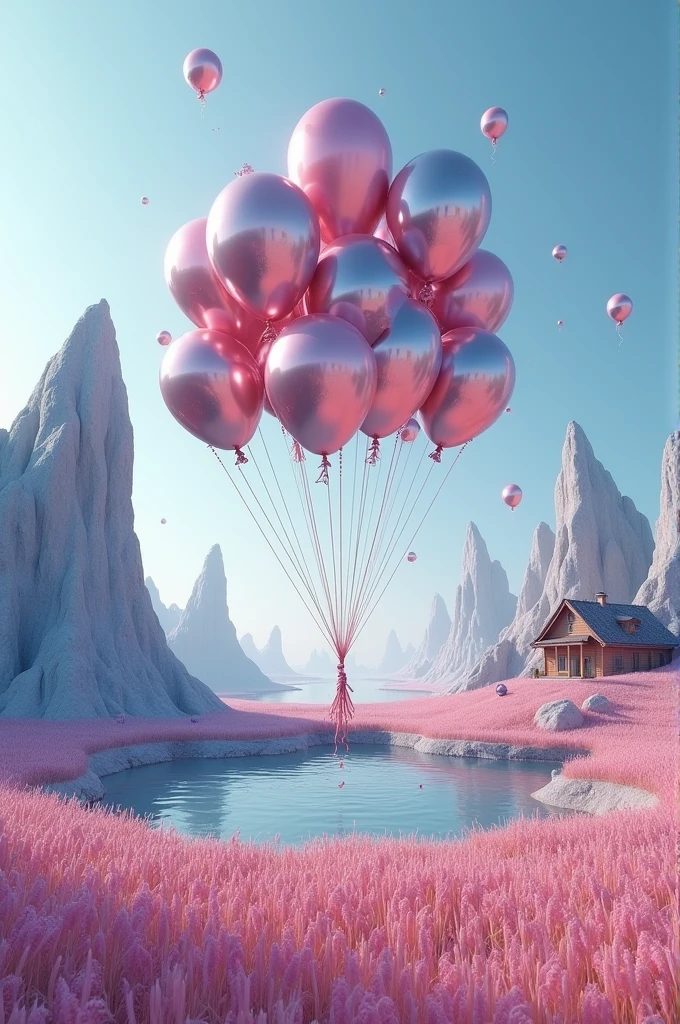composition is made of air shiny rose- blue-silver ballons

complex composition, house in the very wave-shaped bowl+wheat+ tall transparent rock, gloss, weightlessness-shaped abstract, sharp focus, reflections, gradient spots, stardust, professional photo