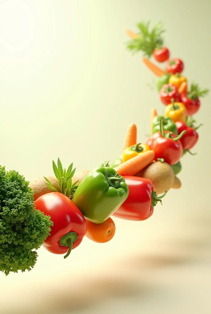 I want a sequence of vegetables, floating and moving from left to right, to spread the message that eating organic foods is healthier