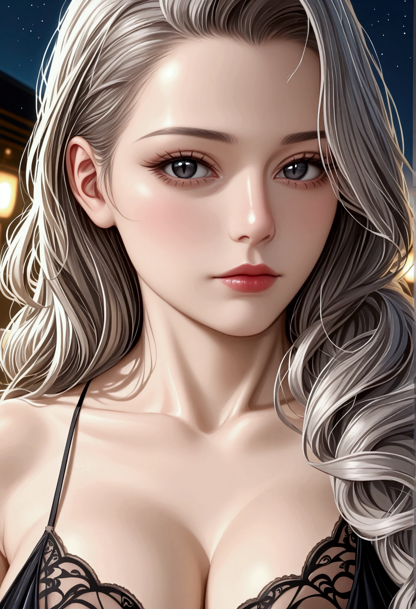 score_9, score_8_superior, score_7_superior, High-resolution CG illustration,A masterpiece in 32K resolution,Highest quality,it is really amazing,Very detailed,Ultra-high resolution,Ultra-realistic,Realistic,Increased depth of field,Cinematic lighting,
Elegant mature Japanese woman,
Shiny silver hair,Wavy long hair,Showing his forehead,god々Beautiful,Ultra-detailed and beautiful face,Sensual look,Beautiful dark brown, moist eyes,Pitch black eyes,Glowing, moisturized skin,Translucent white skin,born々New skin texture,Great proportions,
Elegant wine-red slit dress,spaghetti straps,Deep slit,Detailed and beautiful lace decorations,born地の柔らかな質感,
Black panties,
Black Stockings,
A dark and blurry night background,Dark overcast sky on a dull night,Dark clouds filling the sky,Thundercloud,Coastline at night,Golden reflections on the sea surface,delay々A desolate sandy beach that continues,
Dramatic Angle,