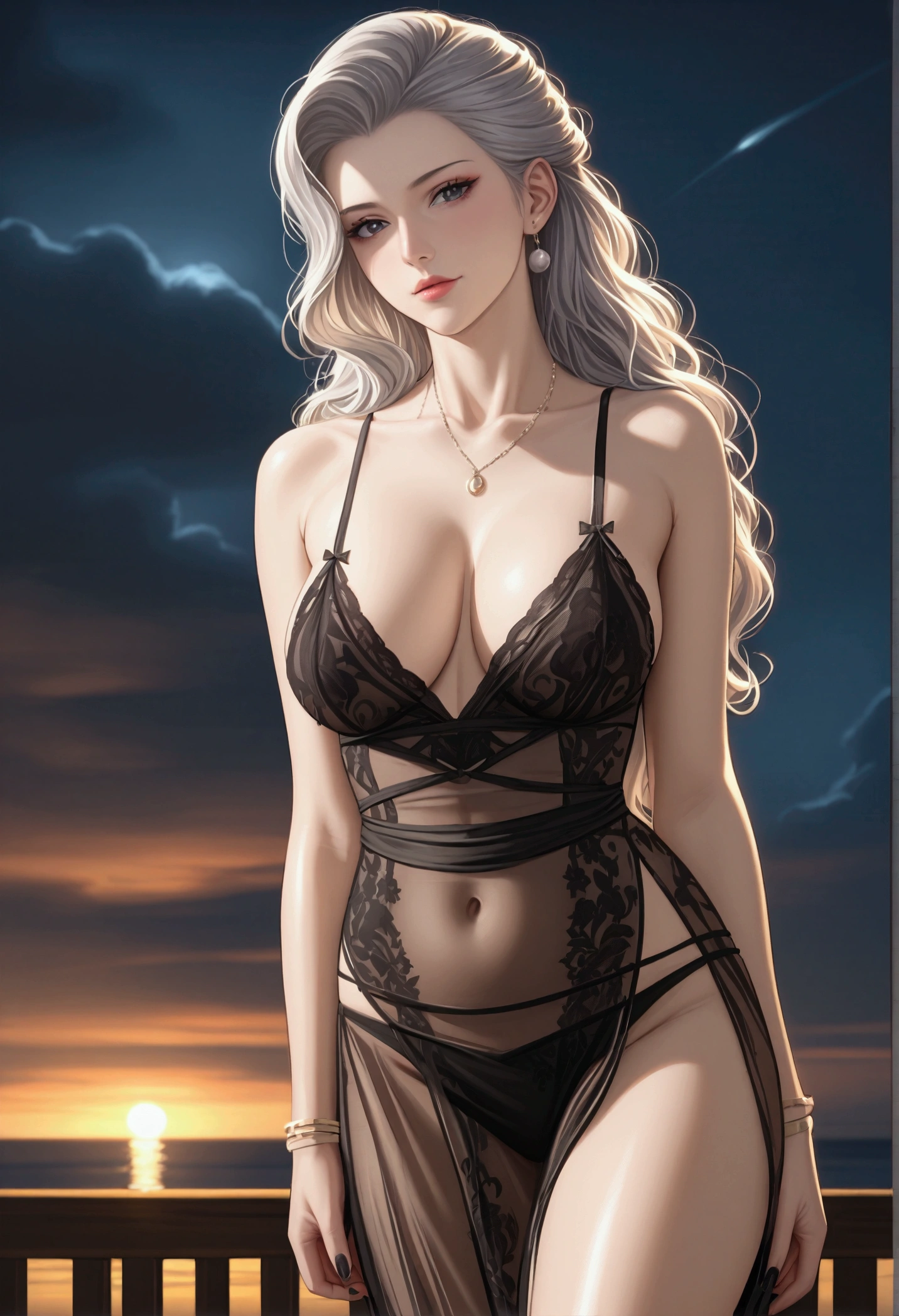 score_9, score_8_superior, score_7_superior, High-resolution CG illustration,A masterpiece in 32K resolution,Highest quality,it is really amazing,Very detailed,Ultra-high resolution,Ultra-realistic,Realistic,Increased depth of field,Cinematic lighting,
Elegant mature Japanese woman,
Shiny silver hair,Wavy long hair,Showing his forehead,god々Beautiful,Ultra-detailed and beautiful face,Sensual look,Beautiful dark brown, moist eyes,Pitch black eyes,Glowing, moisturized skin,Translucent white skin,born々New skin texture,Great proportions,
Elegant wine-red slit dress,spaghetti straps,Deep slit,Detailed and beautiful lace decorations,born地の柔らかな質感,
Black panties,
Black Stockings,
A dark and blurry night background,Dark overcast sky on a dull night,Dark clouds filling the sky,Thundercloud,Coastline at night,Golden reflections on the sea surface,delay々A desolate sandy beach that continues,
Dramatic Angle,