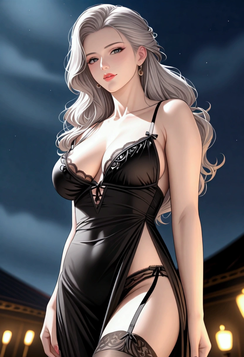 score_9, score_8_superior, score_7_superior, High-resolution CG illustration,A masterpiece in 32K resolution,Highest quality,it is really amazing,Very detailed,Ultra-high resolution,Ultra-realistic,Realistic,Increased depth of field,Cinematic lighting,
Elegant mature Japanese woman,
Shiny silver hair,Wavy long hair,Showing his forehead,god々Beautiful,Ultra-detailed and beautiful face,Sensual look,Beautiful dark brown, moist eyes,Pitch black eyes,Glowing, moisturized skin,Translucent white skin,born々New skin texture,Great proportions,
Elegant wine-red slit dress,spaghetti straps,Deep slit,Detailed and beautiful lace decorations,born地の柔らかな質感,
Black panties,
Black Stockings,
A dark and blurry night background,Dark overcast sky on a dull night,Dark clouds filling the sky,Thundercloud,Coastline at night,Golden reflections on the sea surface,delay々A desolate sandy beach that continues,
Dramatic Angle,