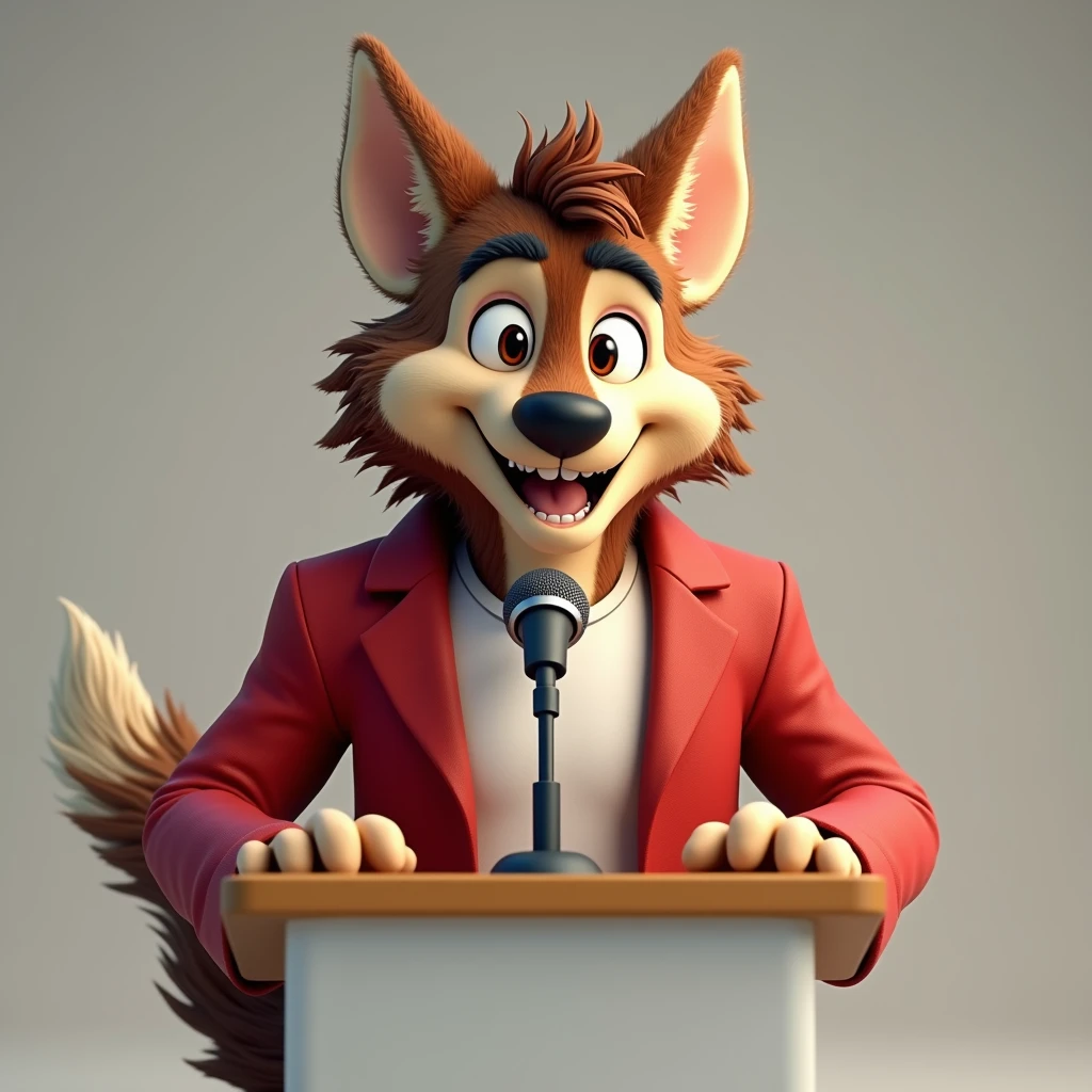 Create a Human Version of Disney&#39;s Big Bad Wolf, with a friendly look and feel, with a cute and smiling look. dressed in a stylish red blazer and white t-shirt, but with a comic touch and must be in front of a pulpit with a microphone. Full body image and must have features, with a detailed and expressive 3D image style. Keep the background white, simple to highlight the figure. Design should evoke a welcoming feeling, maintaining features that resemble a wolf, like pointy ears, the long tail, the wolf&#39;s snout.