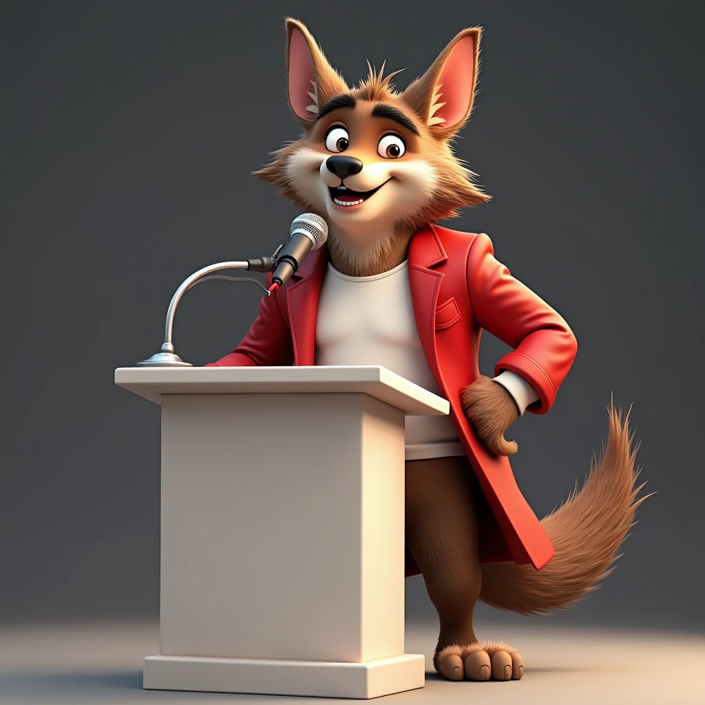 Create a Human Version of Disney's Big Bad Wolf, with a friendly look and feel, with a cute and smiling look. dressed in a stylish red blazer and white t-shirt, but with a comic touch and must be in front of a pulpit with a microphone. Full body image and must have features, with a detailed and expressive 3D image style. Keep the background white, simple to highlight the figure. Design should evoke a welcoming feeling, maintaining features that resemble a wolf, like pointy ears, the long tail, the wolf's snout.