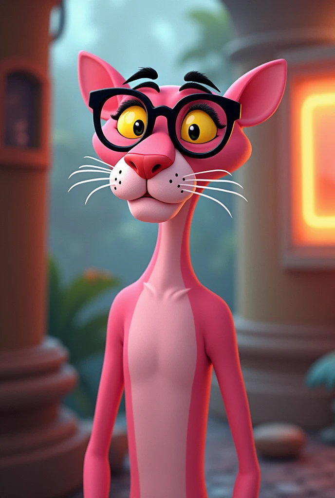Pink Panther standing with his black glasses and looking at a photo