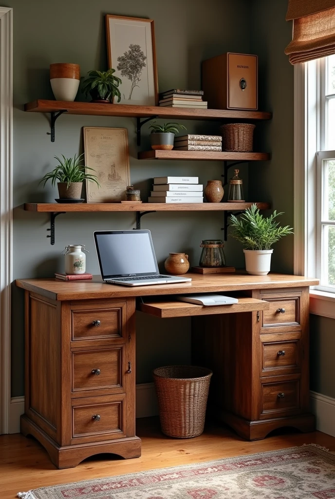 Vintage desk, color madera chocolate, with L shape,  with shelves, cottage core, for artists
