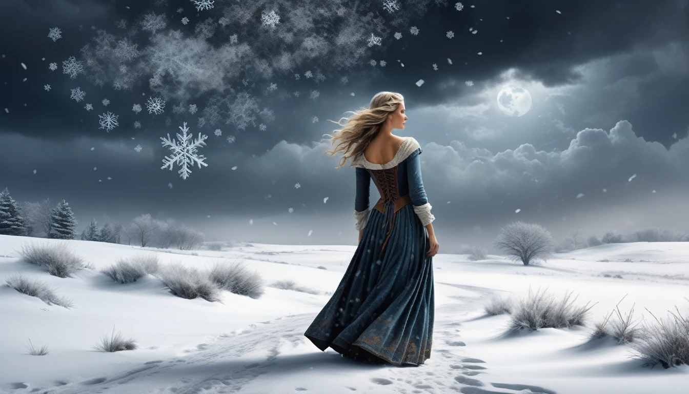 Create a dramatic snowy landscape under a dark, stormy sky. The scene should feature a swirling snowstorm, with large snowflakes creating a mystical atmosphere. In the foreground, depict a young woman with a blend of sweetness and menace in her expression. She is dressed in a traditional, slightly tattered gypsy dress that flutters in the wind. To the side, include an older man in worn clothing, looking reflective and melancholic, as if lost in thought about the past. The snowflakes should have a slight glimmer to add a magical touch. Integrate faint, ghostly images of a violin or musical notes in the snowstorm to hint at the 'gypsy violin' theme. Use contrast between dark, muted colors for the background and the older man, and brighter colors for the young woman to emphasize the emotional tension.