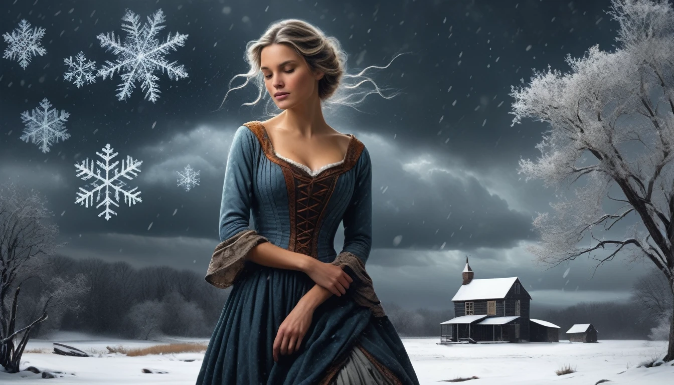 Create a dramatic snowy landscape under a dark, stormy sky. The scene should feature a swirling snowstorm, with large snowflakes creating a mystical atmosphere. In the foreground, depict a young woman with a blend of sweetness and menace in her expression. She is dressed in a traditional, slightly tattered gypsy dress that flutters in the wind. To the side, include an older man in worn clothing, looking reflective and melancholic, as if lost in thought about the past. The snowflakes should have a slight glimmer to add a magical touch. Integrate faint, ghostly images of a violin or musical notes in the snowstorm to hint at the 'gypsy violin' theme. Use contrast between dark, muted colors for the background and the older man, and brighter colors for the young woman to emphasize the emotional tension.