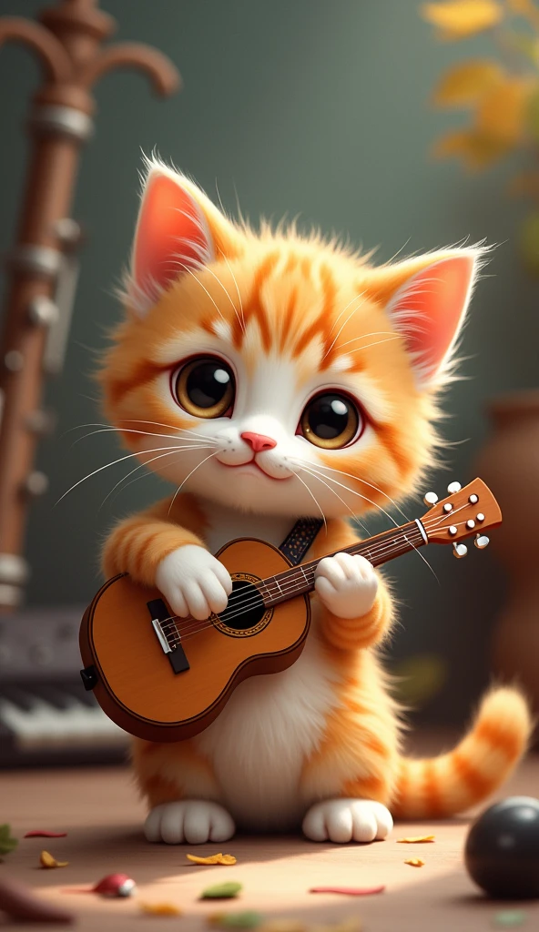 Cute miniature 'light orange and white' kitten as musician playing guitar. flute, keyboard, musical instruments as background.