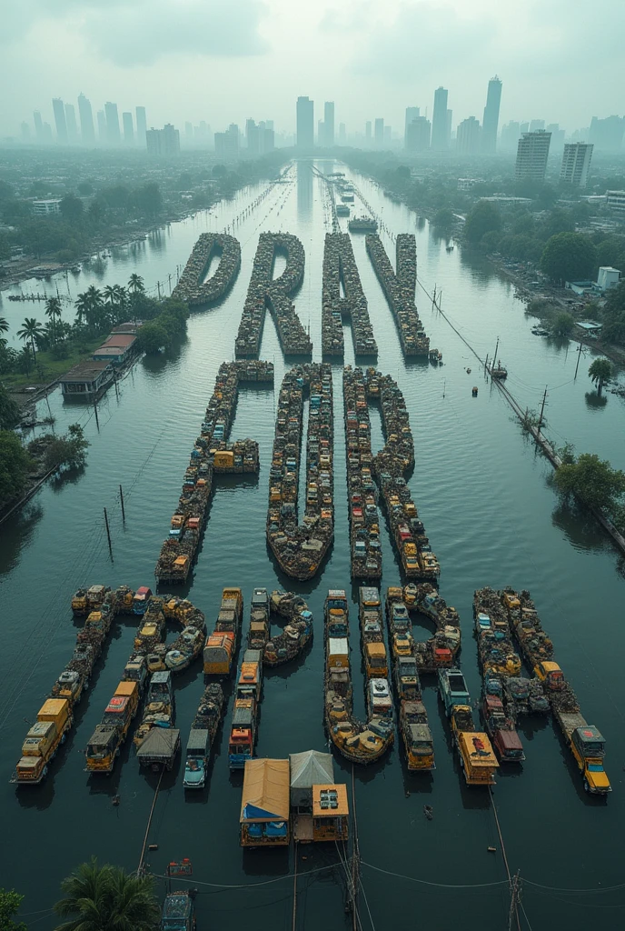 Create an aerial view of a vast flood city landscape with buildings in the distance. The foreground is filled with countless vehicles and tents arranged in a grid pattern, forming large letters that spell out as ' PRAY FOR TRIPURA.' The scene should convey a sense of urgency and focus, with the letters made up of the vehicles, tents and buildings standing out prominently against the flooded background.