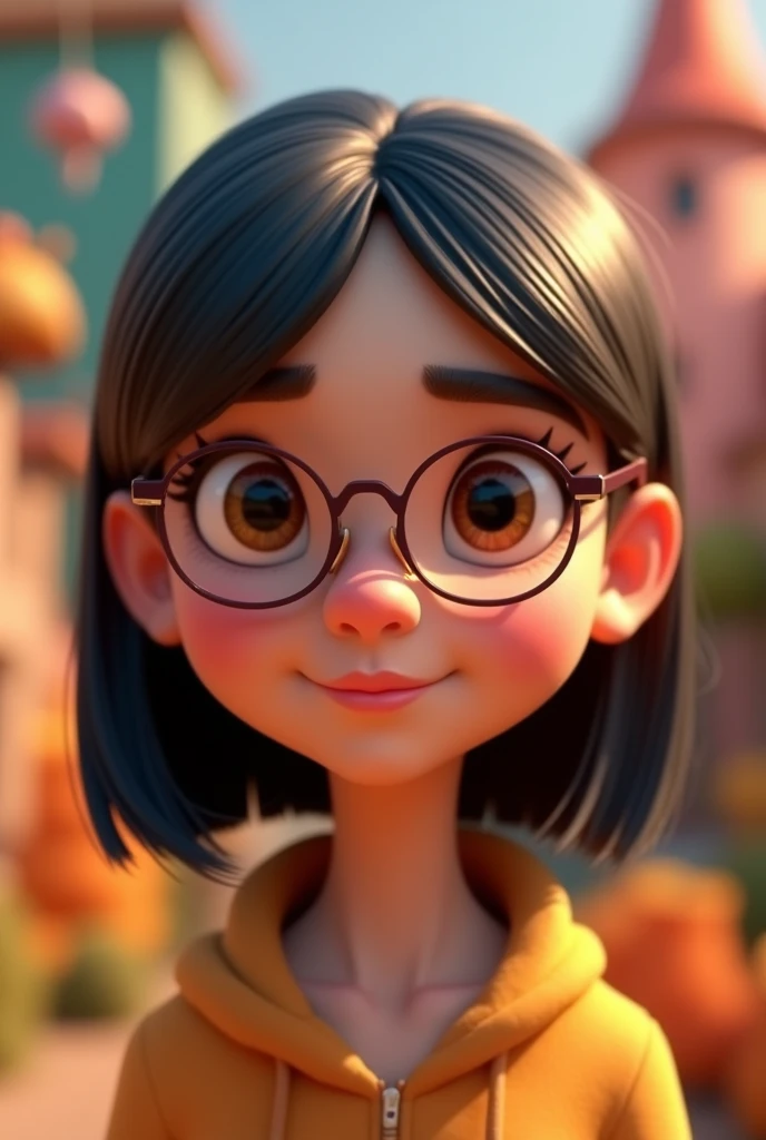 Pixar style image with small brown eyes of 3D character, Caucasian female ,of round glasses, straight hair below the shoulders, divided in half , stuck behind half , Disney makeup