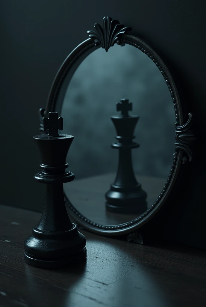 A black chess pawn piece looking into a circular mirror and in the mirror reflection take away the pawn and add a black chess king piece in a dark environment