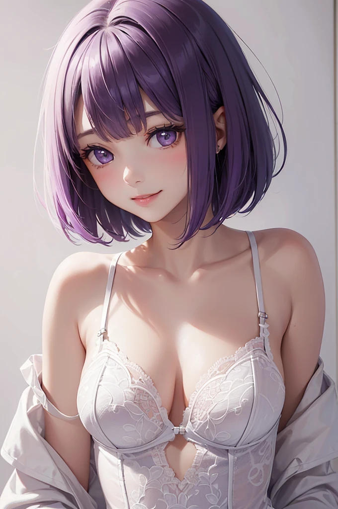 Best Quality,High resolution,8k,(plain white background, no patterns, no textures, just a plain white background:1.3),Masterpiece:1.2),beautiful girl,Big Breasts,(Shiny purple hair:1.3),(bob cut:1.2),Bobcut,Beautiful purple eyes,A set of lingerie featuring intricate lace detailing. The bra has delicate lace trim along the edges with a floral or geometric pattern, and adjustable straps with small, refined accents. The panties are designed with matching lace, featuring a soft, breathable fabric with a touch of elegance. The color scheme is sophisticated, such as soft pastels or classic black with subtle touches of gold or silver,Gentle look,A refreshing look,smile,Best quality,Best Quality,Aesthetic and aesthetic:1.2,Best details((Super detailed))(High-definition CG illustrations),Slender body,smile,blush,cute,Scrounge,Looking up,Being spoiled,super model