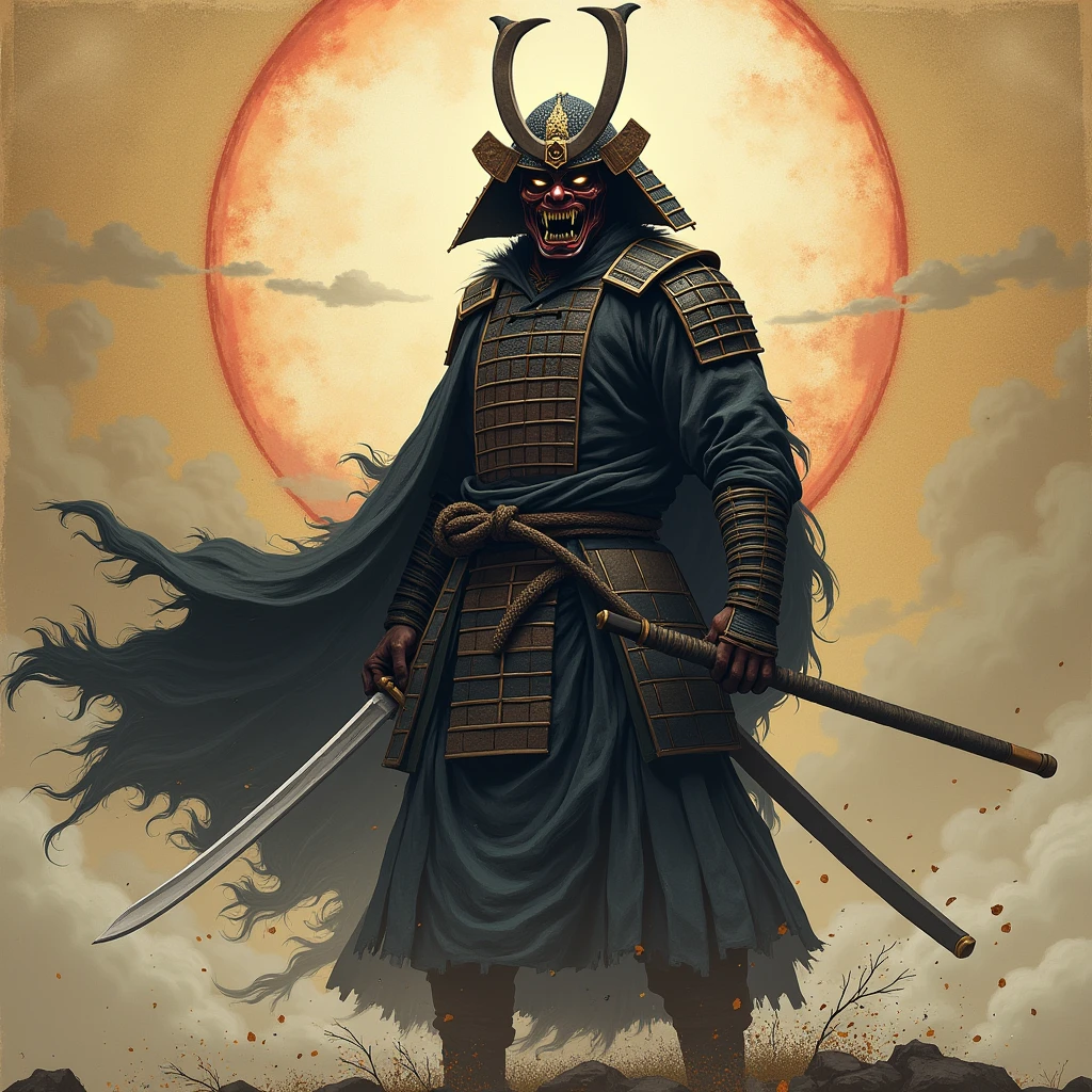 (They're samurai),(Wearing a demon mask),standing alone,Full body like,(Armed with a long, sharp knife),Magnificent work of art,((Kyoto panel painting style)),Wind effect:1.9,cloud effect:1.2,Full rendering,Caustic soda coating,
