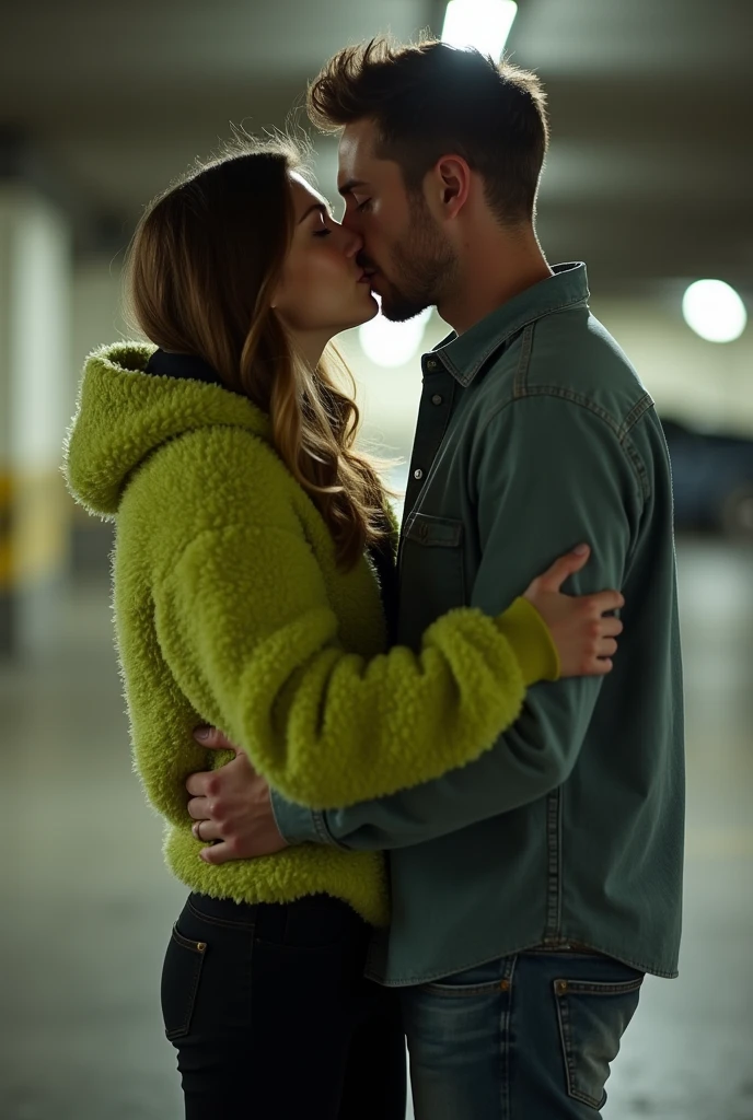 there are two people standing next to a fence kissing, a longhaired girl is wearing a long black high-shine laquered downcoat, an orgasmic girl in a high-shine coat is passionately kissing her boyfriend, arm around her neck, hugging her knees, they are in love, hugging, beautiful surroundings, private moment, face obscured, candid shot, photoshoot, uhd candid photo of dirty, photo shoot, couple, beautiful scene, hugging his knees, dsrl photo, instagram picture, reylo kissing, picture