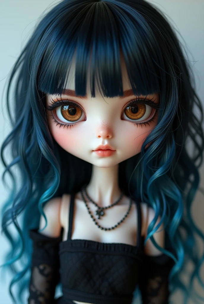 Create an asian blyth doll with pale skin, brown eyes and blue-balck wavey, a bit over shoulder long hair. Thick-ish dark eyebrows and a emo style. No bangs.