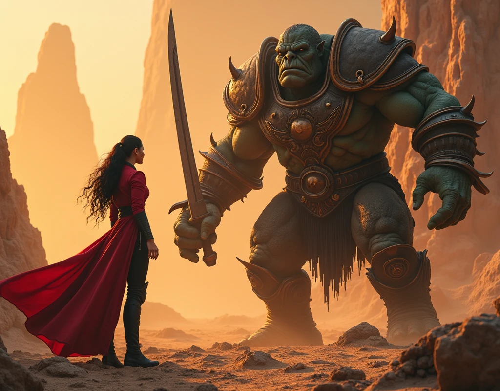 Hyper realistic, epic fight scene from a high-quality action movie by Yuen Woo-ping, featuring between a majestic (red dress star trek security officer La'an Noonien-Singh from star trek-strange new world:1.2) and a majestic angry looking (Orc Grom Hellscream from world of warcraft:1.2), (the security officer pointing her Phaser guns towards orc, the orc trying to attack security officer by his legendary Gorehowl weapon:1.2), by Nami Melumad, David Benzal, Pablo Dominguez, full body, perfect face and eyes, detailed clothes description, dramatic angle, movie scene, natural light, in the background is the alien landscape, cinematic lighting,(golden ochre tone:1.4), The composition boasts cinematic widescreen format, deep focus, and rich, intricate details, reminiscent of high-budget fantasy film productions, with a touch of magical realism and enchanting visual effects, best quality, intricate details, masterpiece, panoramic, HD, ultra-detailed,8K, shallow depth of field, trending on artstaion