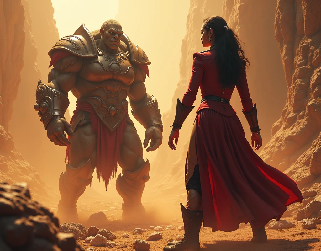 Hyper realistic, epic fight scene from a high-quality action movie by Yuen Woo-ping, featuring between a majestic (red dress star trek security officer La'an Noonien-Singh from star trek-strange new world:1.2) and a majestic angry looking (Orc Grom Hellscream from world of warcraft:1.2), (the security officer pointing her Phaser guns towards orc, the orc trying to attack security officer by his legendary Gorehowl weapon:1.2), by Nami Melumad, David Benzal, Pablo Dominguez, full body, perfect face and eyes, detailed clothes description, dramatic angle, movie scene, natural light, in the background is the alien landscape, cinematic lighting,(golden ochre tone:1.4), The composition boasts cinematic widescreen format, deep focus, and rich, intricate details, reminiscent of high-budget fantasy film productions, with a touch of magical realism and enchanting visual effects, best quality, intricate details, masterpiece, panoramic, HD, ultra-detailed,8K, shallow depth of field, trending on artstaion