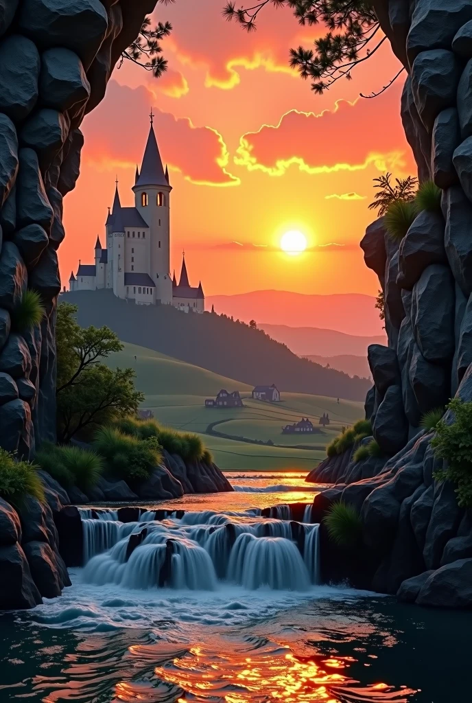 an orange sunset with the sun to the left of a medieval tower in the distance, with green fields and hills, the viewer is standing on the water of a waterfall that flows and falls, next to the viewer is a rock formation of the waterfall that limits the view of the landscape and creates a kind of window
