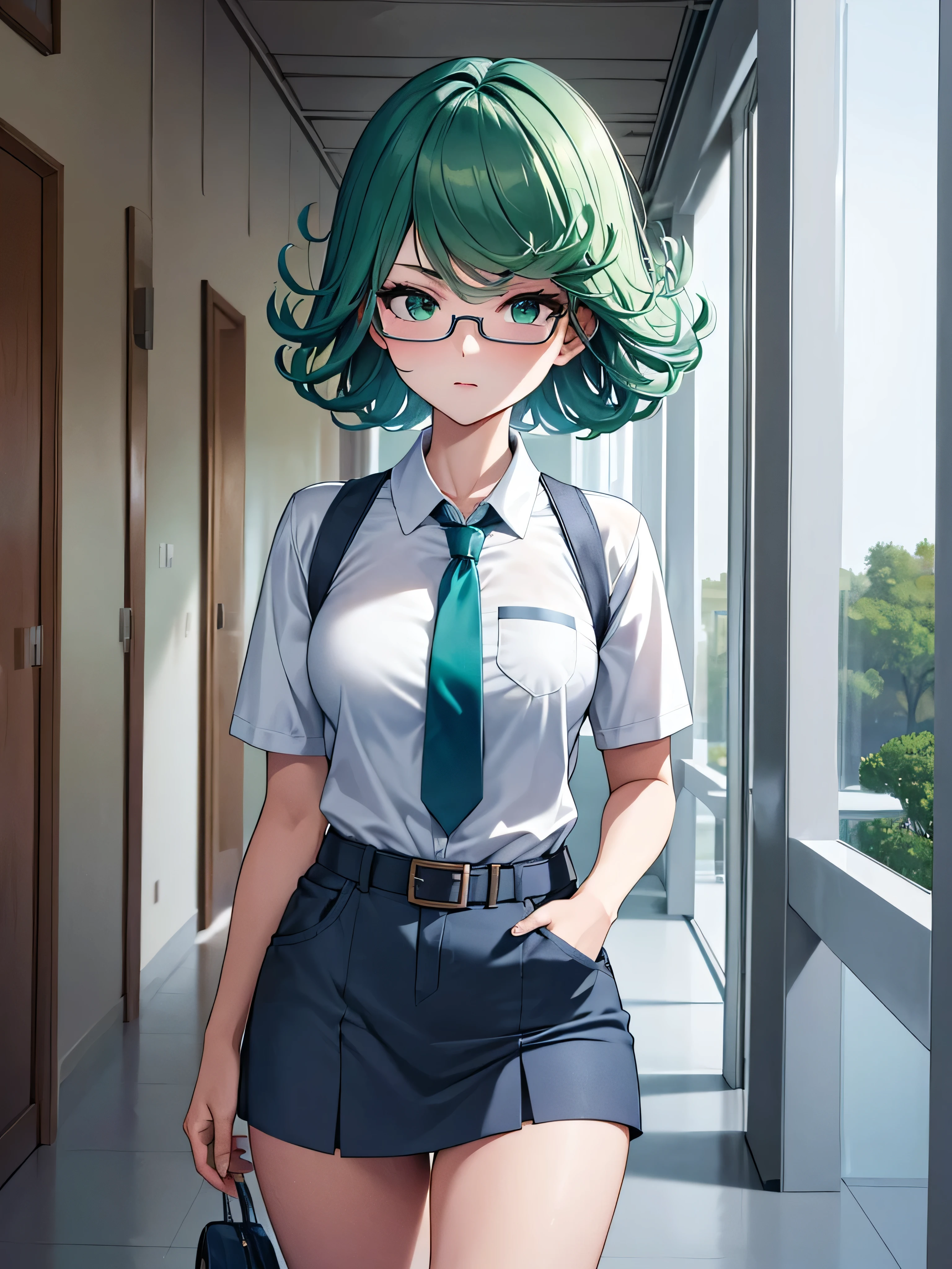 (high res, 8K, masterpiece, looking at viewer, best quality, very aesthetic, ultra detailed, ultra background, ultra Eyes) intricate details, 1girl, Tatsumaki, short sleeved white shirt, Light Blue Gray short skirt, Pockets on the left chest, Blue Gray tie, Wearing a belt, Glasses, green short hair, green eyes, Normal Face, Background School Hallway, Cinematic Angle