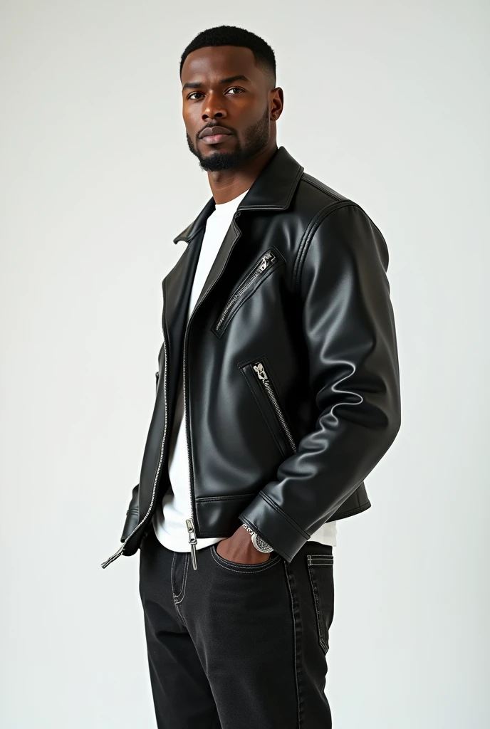 best qualityer:1.4), (ultra high resolution:1.2), (photorrealistic:1.4), (8k, CRU photo:1.2), 1 dark-skinned man. eyes browns. Fade haircut with a well-trimmed top. He is wearing a black leather jacket with a white shirt underneath.. Black denim palazzo pants. Standing in a photo studio with a white background.  