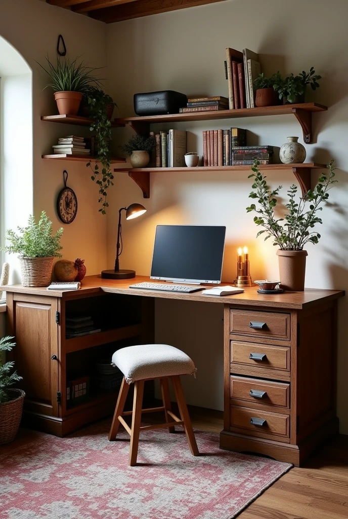 Vintage desk, color madera chocolate, L-shaped cut, with shelves, cottage core, for artists
