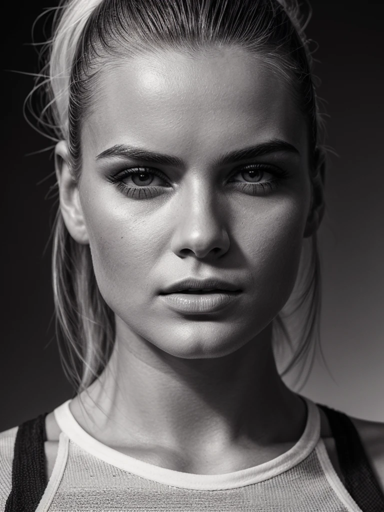 campaign photo of fashion brand, monochrome film photo, close-up of women's face, simply monochrome background, hair slicked back, textured skin, closed mouth, sleeveless tops, cool and stylish expressions, hyperdetailed skin, hyperrealistic, 8k, UHD, artistic photography, mode, vogue, high fashions