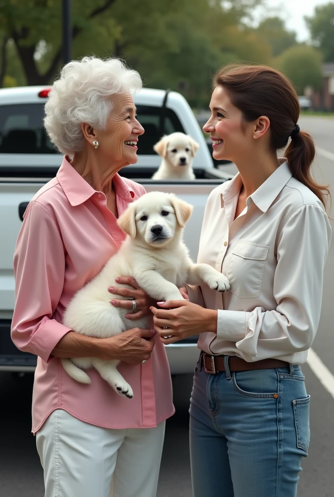 A realistic human image taken from above where you can barely see a parking lot with 2 white women, one of them an old woman wearing a pink blouse and white pants carrying a white puppy and the other woman, 3, wearing a white blouse and blue pants., They are talking and behind them there is a white Nissan Pkup type truck with 2 white puppies