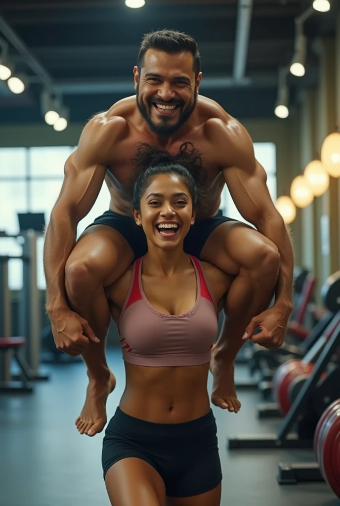 a smiling and beautiful indian actress in gym outfit carrying a large chubby man on her shoulders in a gym, man is sitting on top of her shoulders , man on top, woman at bottom