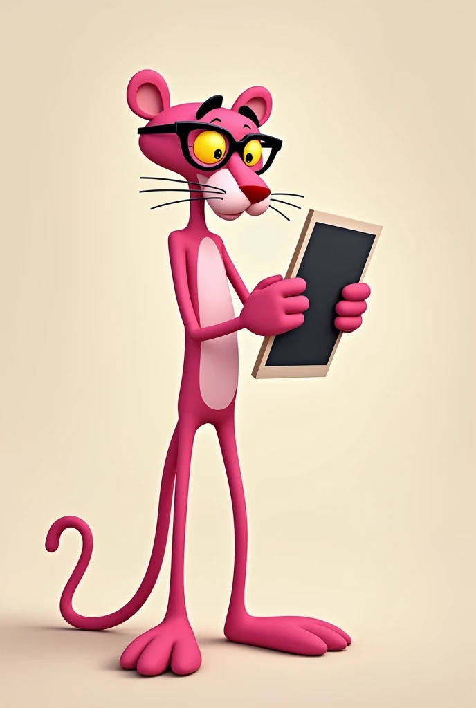 Pink Panther standing with his black glasses and looking at a photo