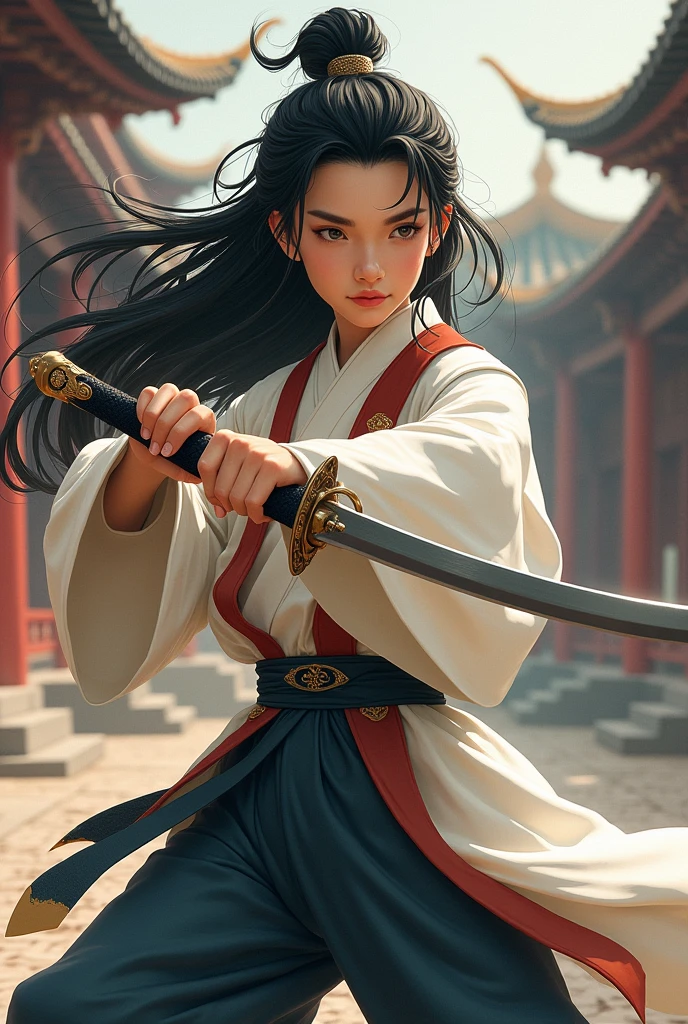 Chinese long haired boy in student uniform , with a sword 




