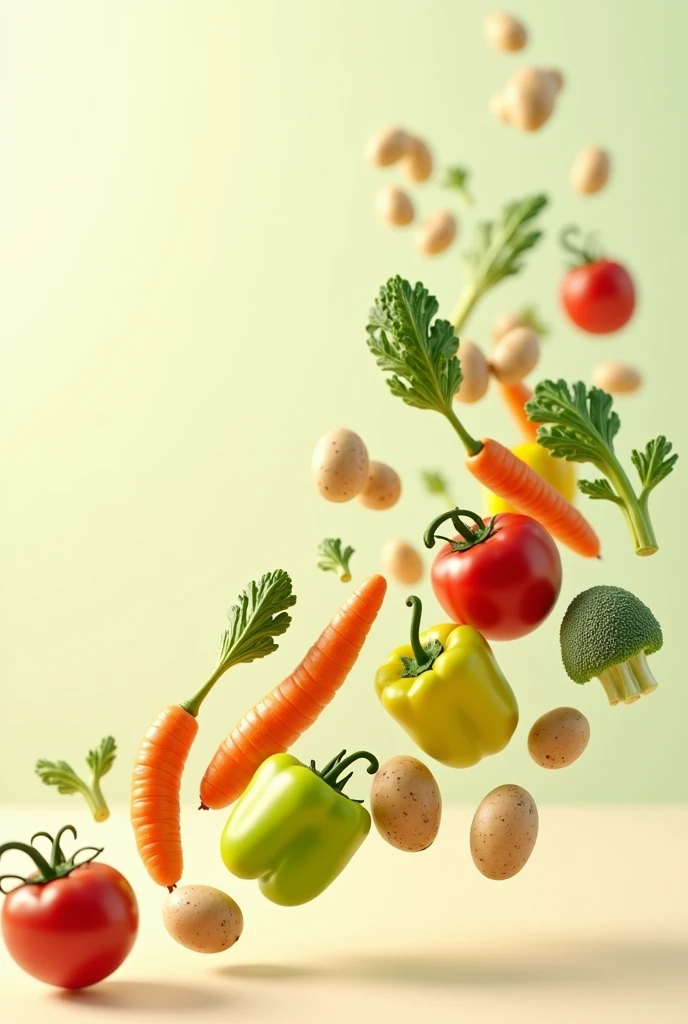 I want a sequence of vegetables, floating and moving from left to right, to spread the message that eating organic foods is healthier