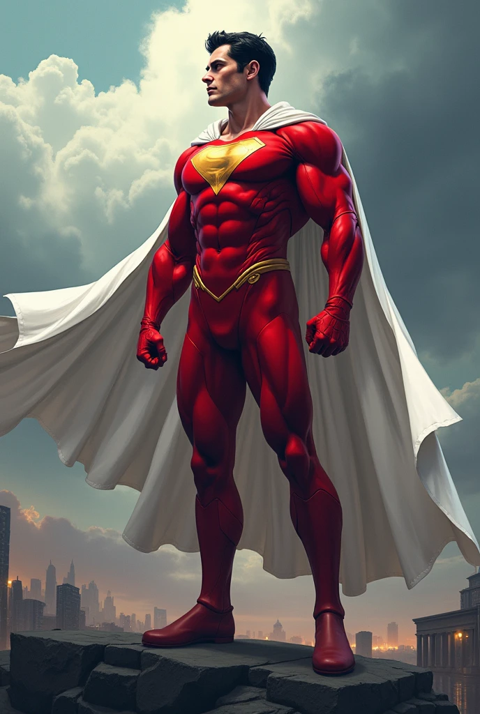 Create a hero with a red costume and a white cape