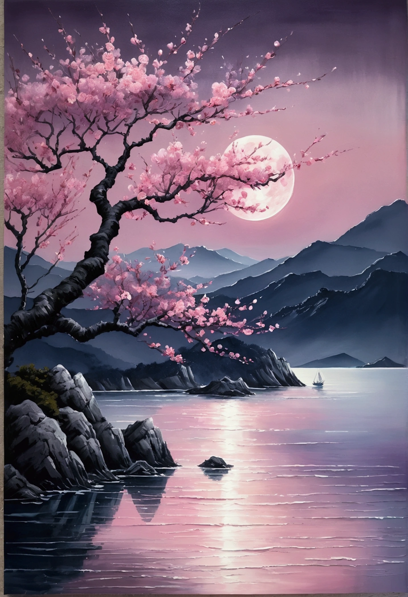 The full moon illuminates the sea, surrounded by cherry trees and mountains. The pink petals of a peach tree are illuminated by the silvery light and reflect on the calm sea. In the style of an ink painting, this scene expresses serenity and romance, with purple tones adding a touch of mystery. High-resolution photography, detailed, subtle textures, natural landscapes, romantic atmosphere.