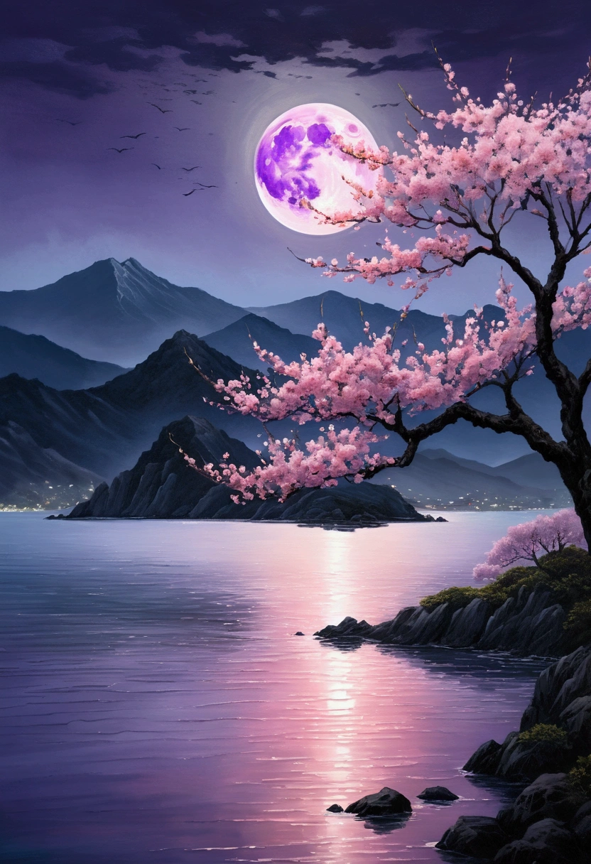 The full moon illuminates the sea, surrounded by cherry trees and mountains. The pink petals of a peach tree are illuminated by the silvery light and reflect on the calm sea. In the style of an ink painting, this scene expresses serenity and romance, with purple tones adding a touch of mystery. High-resolution photography, detailed, subtle textures, natural landscapes, romantic atmosphere.