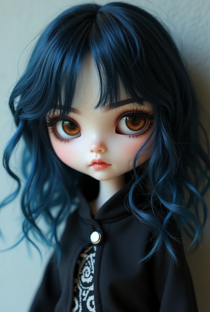 Create an asian blyth doll with pale skin, brown eyes and blue-balck wavey, a bit over shoulder long hair. Thick-ish dark eyebrows and a emo style. NO bangs.