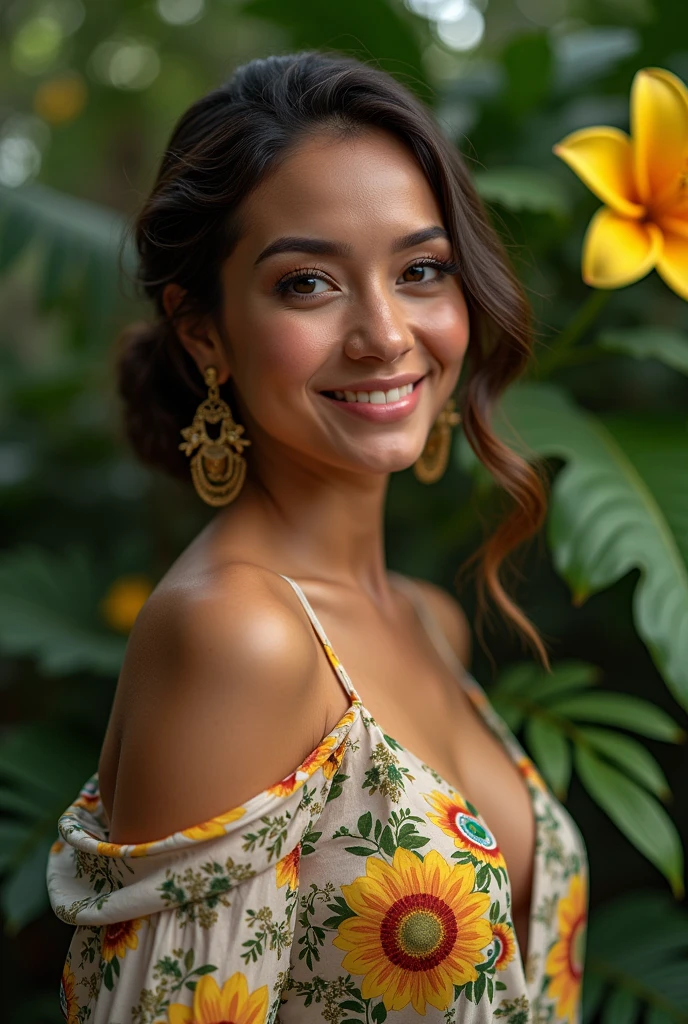 A Brazilian woman in a lush tropical garden, wearing an open shirt with a floral print, with a close-up capturing the harmonious beauty between her breasts and the natural flowers, showing off your natural charm and outgoing personality.