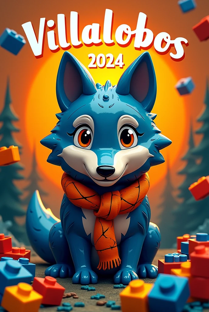 Logo for a flannel shirt featuring a wolf made of legos with an orange and yellow scout scarf around the neck, that the word Villalobos 2024 is on top and the background is made of Lego pieces. That it is for children.