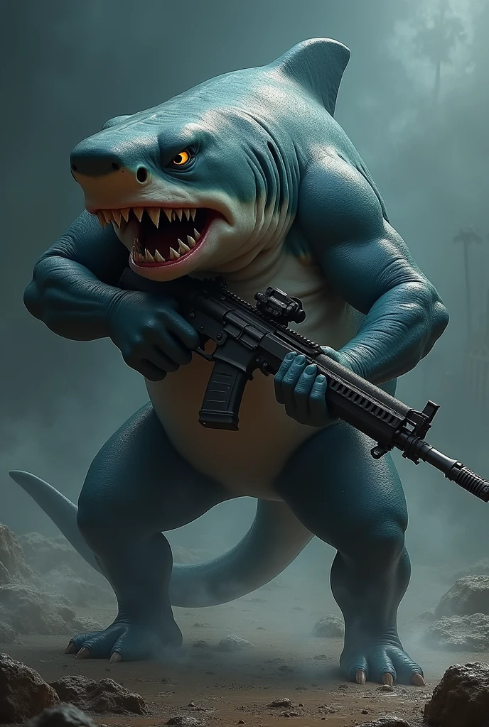 I want a shark holding a rifle