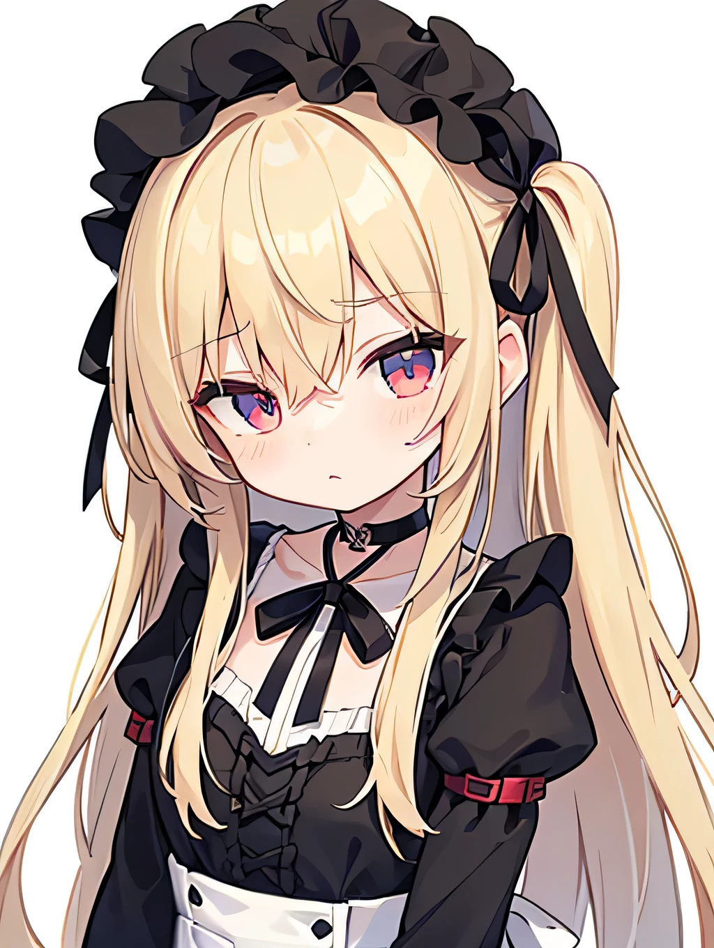 Long Hair,Blonde,Black hair band,Both sides up,Side Lock,Hair between the eyes,bangs,Close one eye,blue eyes,Red eyes,Black choker,Ribbon choker,Black Ribbon,Frillsのドレス,She&#39;s wearing a black dress,Long sleeve,Frills,D cup breasts,White Pantyhose,Mary Jane,Black footwear,Pretty girl、Her breasts are visible through her clothes、Ecchi、blush、Face is bright red、Embarrassed