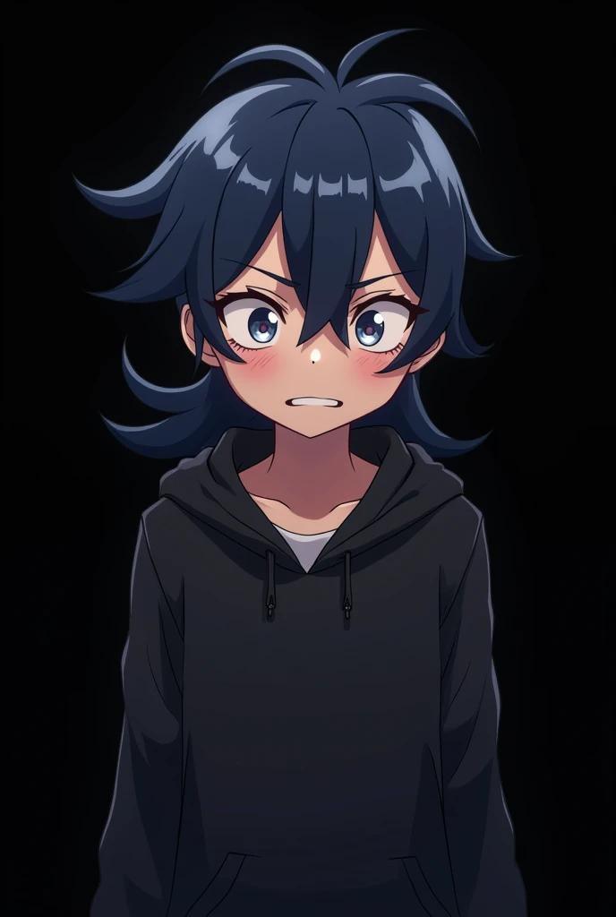 Blank Black background , involved Anime girl , dark blue hair , modern day mullet hair style , black hoodie , closed eye , smile , nerves pop , anger , chibi
