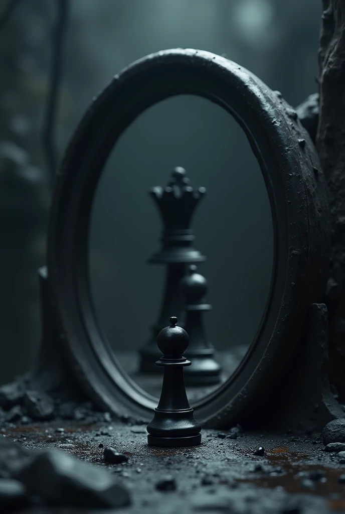 A black chess pawn piece looking into a circular mirror and in the reflection of the mirror take out the pawn and add a black chess king piece in a dark environment