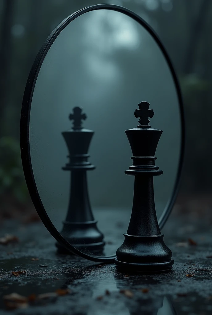 A black chess pawn piece looking into a circular mirror and in the reflection of the mirror take out the pawn and add a black chess king piece in a dark environment