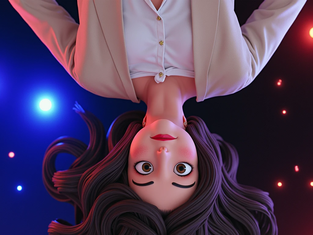 Pixar style image with 3D character white woman with brown hair on shoulder, Grinning, with light makeup, a white blouse and a beige blazer.