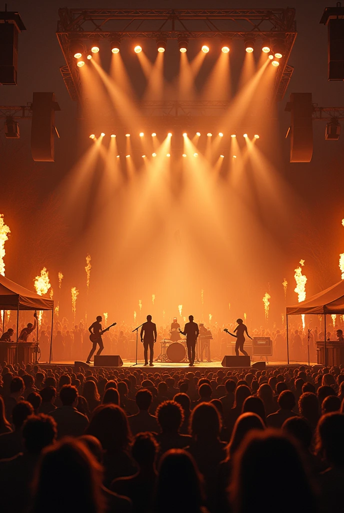 Music concert with light, fire music crowd and food stalls everything in brown colour 