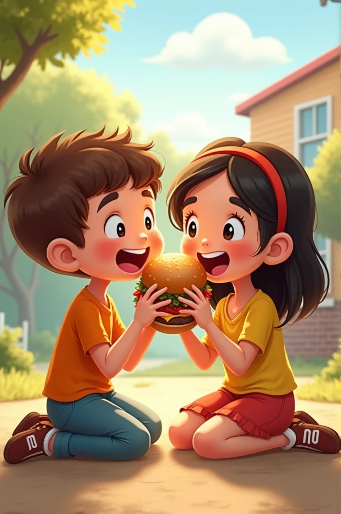 A boy and girl eating burger in their hands and enjoy 
